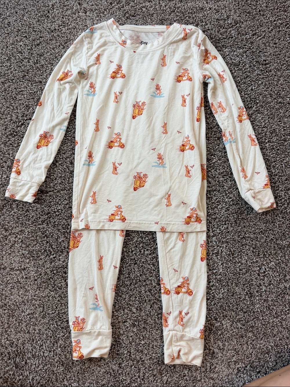 TINY TALULAH Cream Pajama Set with Orange Rabbit & Scooter Print